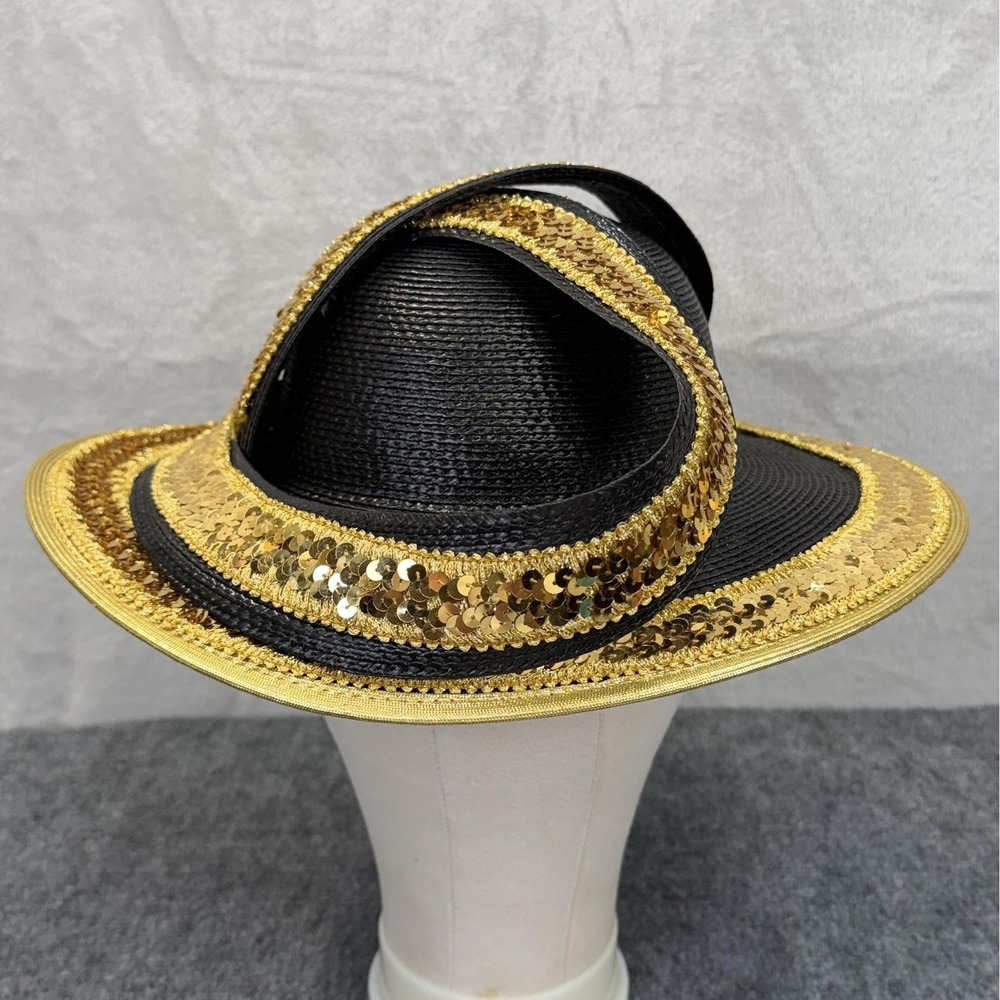 David M Hat Sun Womens Black Gold Straw Sequin Wide Brim‎ Vintage Derby Church
